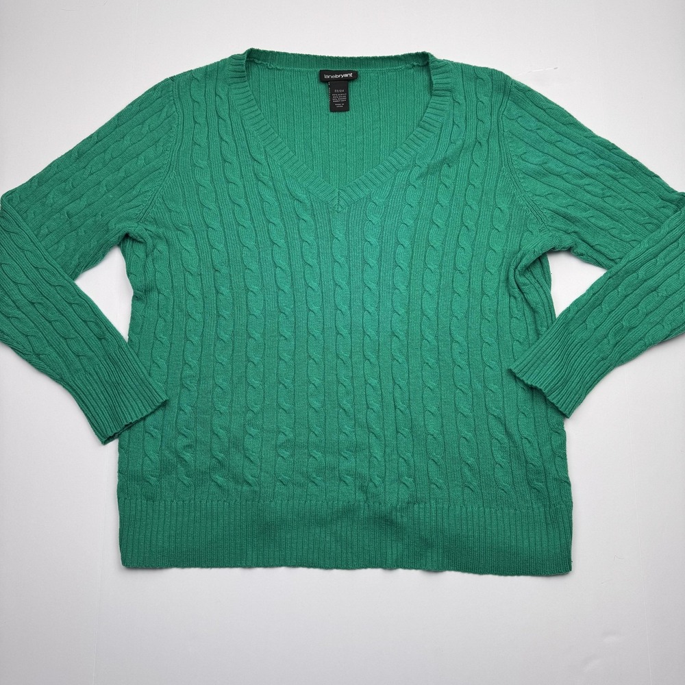 Lane Bryant Sweater Womens 22/24 Green Cable Knit V-Neck Angora Blend Plus